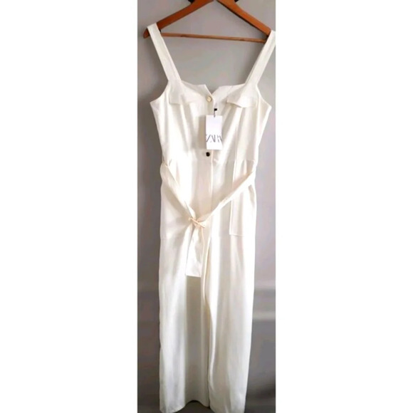 ZARA Jumpsuit Women's Small Cream Gold Buttons Belted Wide Leg Pockets N… - Picture 1 of 8